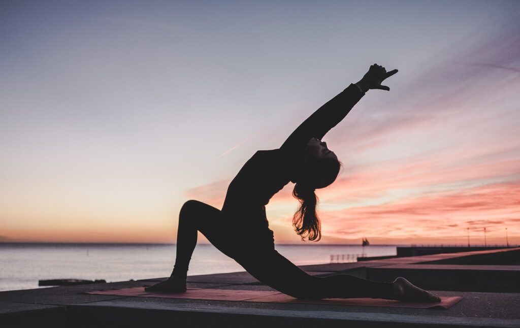 yoga, outdoors, nature, sunrise, meditation, fitness, workout, exercise, woman, twilight, dusk